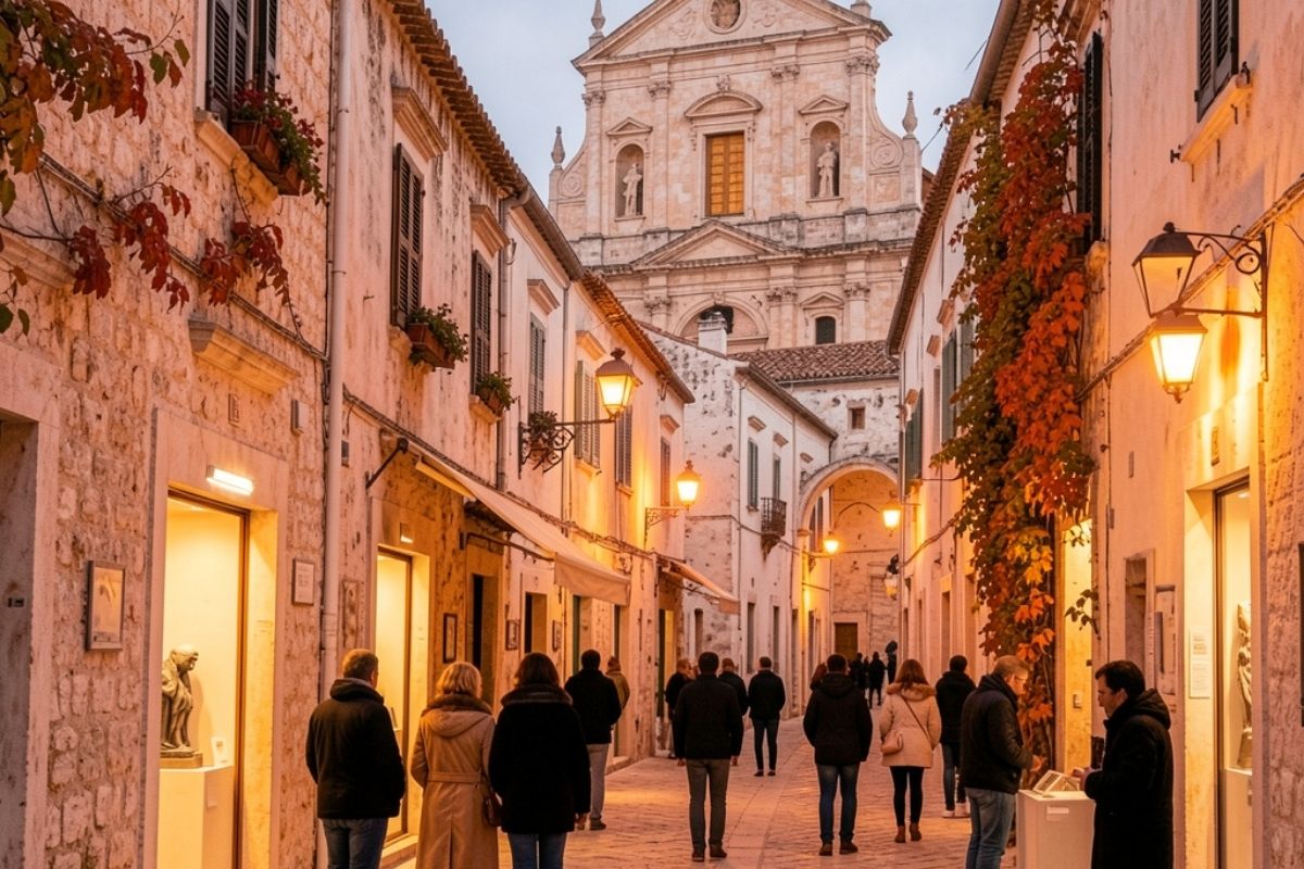 Scorcio del centro storico di Ostuni con la Cattedrale e viuzze illuminate in autunno, atmosfera suggestiva, luci calde, persone che visitano musei