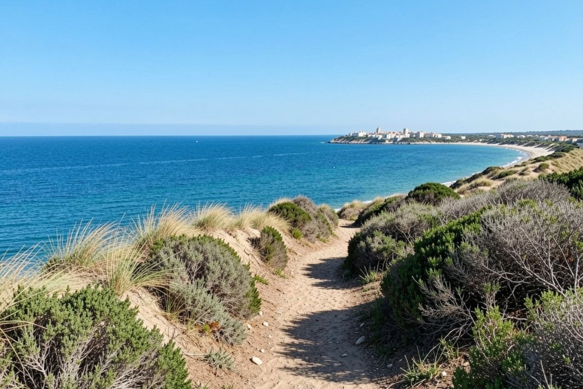 Scorcio panoramico dalla cima di un sentiero del Parco Dune Costiere, vista sul mare Adriatico e Ostuni in lontananza, atmosfera limpida