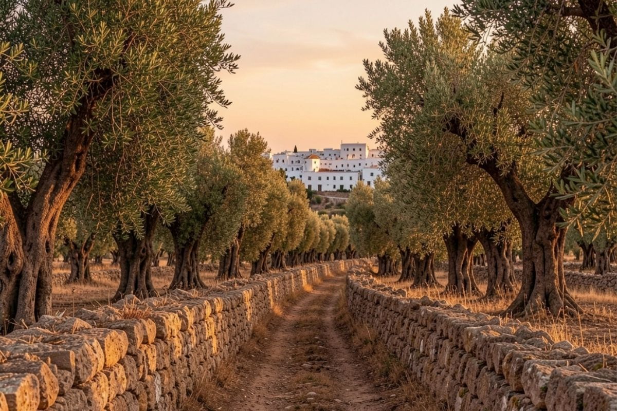 Sentieri tra uliveti secolari, muretti a secco e vista sulla città bianca di Ostuni, luce dorata di fine giornata